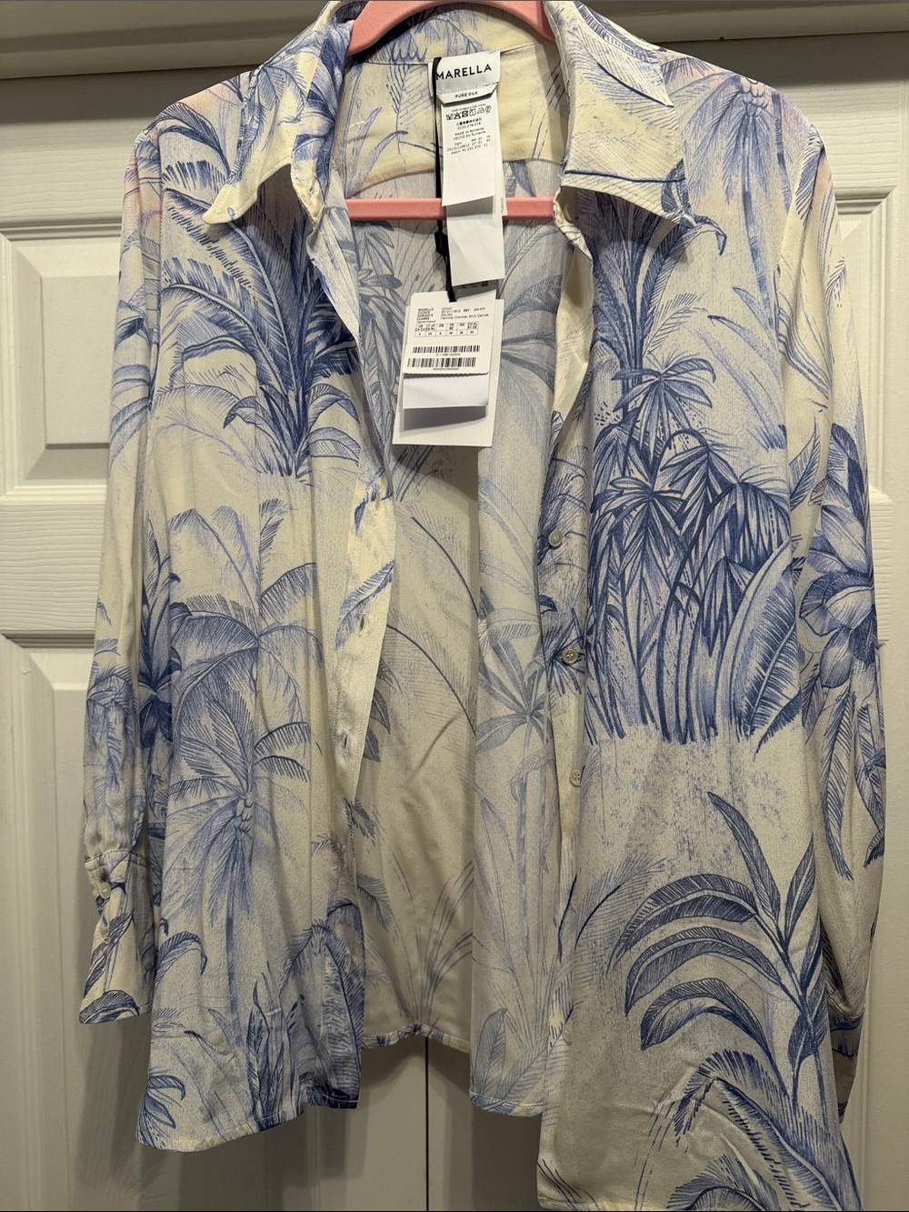 MARELLA Cream Button-Down Blouse with Blue Botanical Print
